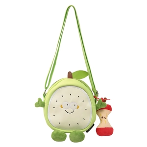 Cute green apple cartoon crossbody bag with small red fruit pendant for girls