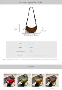 Detail view of suede crescent bag showing dimensions, strap length and color options