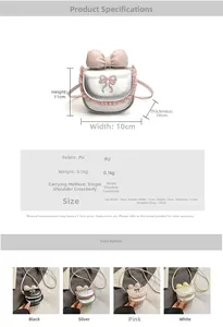 Detailed size chart for kids mini PU crossbody bag with bow and lace ruffle details