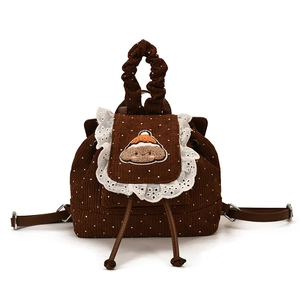 Sac à dos en velours côtelé marron à pois avec broderie mignonne et bord en dentelle