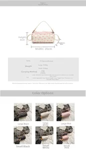 Size chart showing large and small dimensions for cylinder crossbody bag with lace trim