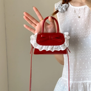Mini Crossbody Bag PU Leather Bow Knot Lace Trim Sweet Lolita Small Square Shoulder Bag For Girls Kids