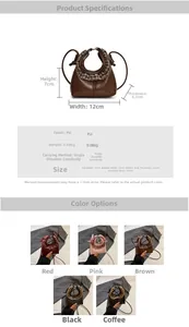 Detail view of mini PU leather handbags with ruffled trim in five classic colors