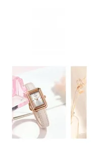 Nahaufnahme des rechteckigen Roségold-Gehäuses und des beigen Lederarmbands der Uhr