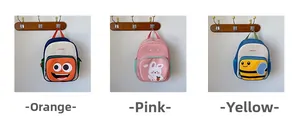 Detailed comparison of cute bee and rabbit cartoon backpacks in orange pink and yellow
