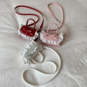 Mini PU leather crossbody bag set with cute bow and lace trim in pink, red, and white