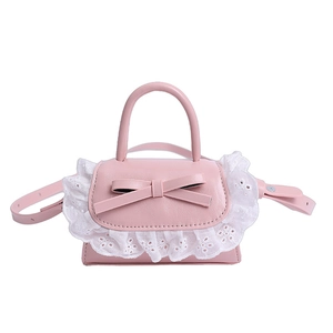 Mini pink PU leather crossbody bag with bow decoration and white lace floral trim