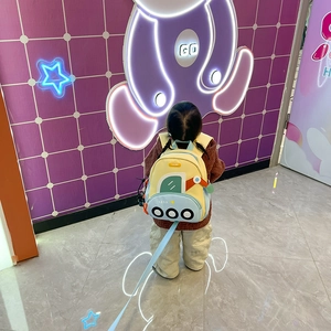Toddler anti-lost backpack with cartoon car design and blue safety leash for kids' travel