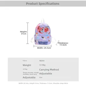 Detailed size chart for kids nylon backpack showing dimensions 31x24.5x11.5cm and features