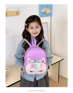 Detail view of purple unicorn toddler backpack with rainbow sequins and cute embroidery