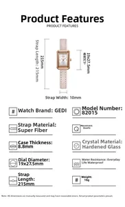 Detaillierte Spezifikationen für die GEDI quadratische Quarzuhr mit rosa Lederarmband