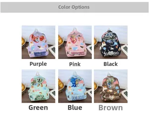 Detailed grid view showing six cartoon school bags in purple pink black green blue and coffee