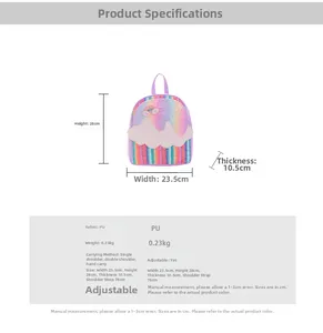 Detailed size chart for purple sequin rainbow backpack showing 23.5cm width and 28cm height