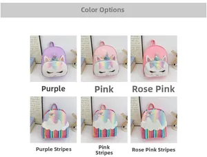 Selection of colorful kids backpacks featuring sequin rainbow designs and unicorn themes