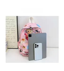 Pink cartoon backpack size comparison shown with a tablet and a smartphone