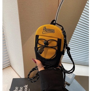 Mini crossbody shoulder bag in yellow and black canvas with adjustable neck strap