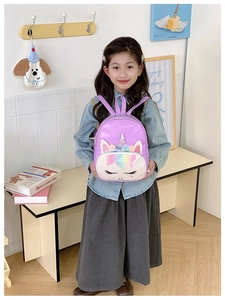 Detail view of cartoon unicorn backpack with rainbow sequins and cute purple design