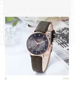 Dettagli dell'orologio al quarzo da donna con quadrante grigio e cinturino in pelle oliva