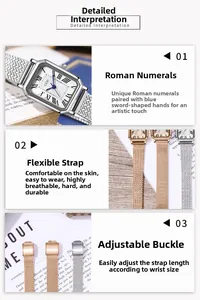 Détails macro du cadran carré avec chiffres romains et bracelet en maille tressée