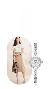 Détail de la montre bracelet en cristal argenté avec cadran blanc en nacre et mouvement quartz
