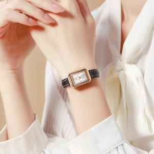 Elegante Damen-Quarzuhr mit Roségold-Gehäuse und schwarzem Lederarmband für Damen