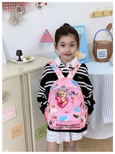 Pink cartoon kids backpack featuring a cute ballerina coffee cup and a shark print