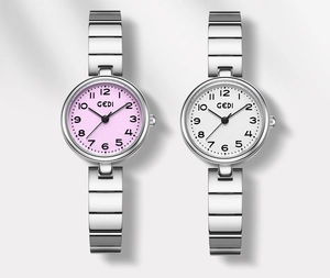 Détail des montres-bracelets GEDI pour femmes avec cadrans rose et blanc en argent poli