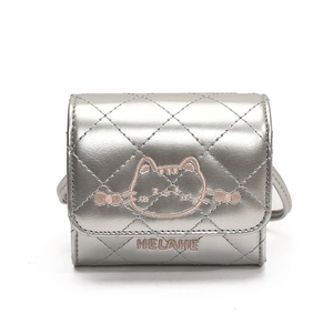 Silver quilted mini crossbody bag featuring cat embroidery and fine shoulder strap