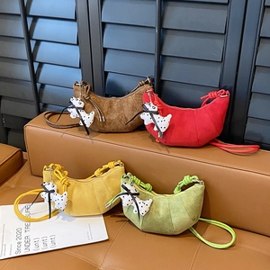Kids Croissant Crossbody Bag Faux Suede Half Moon Shoulder Purse With Knot Strap And Cute Dog Pendant For Toddlers