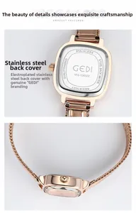 Detailed macro view of the rose gold square watch with stainless steel case back