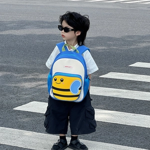 Blue and beige toddler backpack featuring a cute yellow bee character design for kids