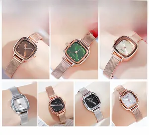 Detailed views of square quartz watches with colorful dials and mesh straps for women