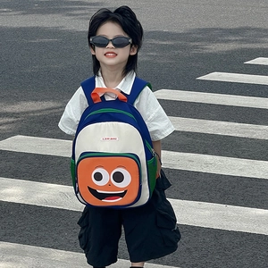 Cartoon bee backpack for kids with a fun smiley face design and colorful strap accents