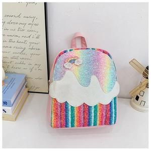Detail of pink sequin backpack with rainbow patterns and a fluffy white cloud design