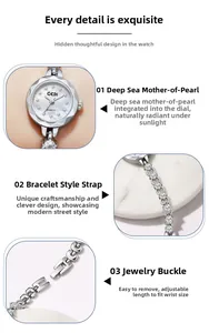 Détail d'une montre bracelet à quartz argentée avec cadran en nacre et index cristal