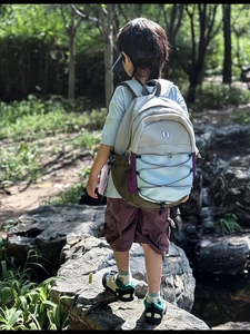 Kids outdoor backpack in color-block design shown on child back in natural setting