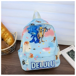 Detail view of a light blue kids backpack with unique delulu cartoon prints and multi-pockets