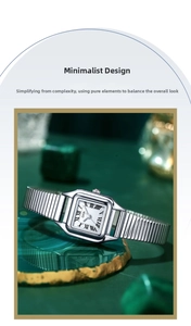 Close-up of GEDI square silver quartz watch with elastic band on green agate plate