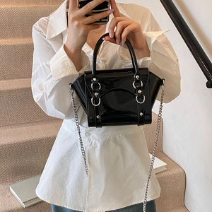 Mini black patent leather handbag for girls with silver chain strap and metal rivets