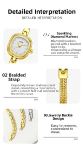 Détail d'une montre à quartz avec index en diamant et bracelet tressé en acier inoxydable