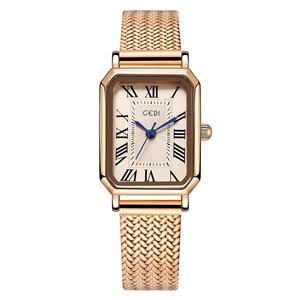 Orologio rettangolare da donna con numeri romani e cinturino a maglia in oro rosa lucido