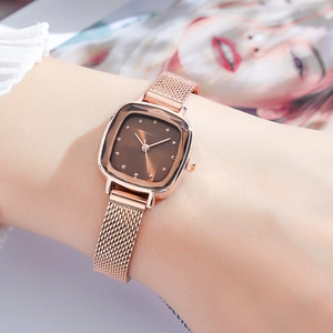 Elegant rose gold square watch with brown sunburst dial and mesh steel strap for women