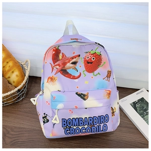 Close-up of lavender cartoon backpack with playful shark and strawberry illustrations