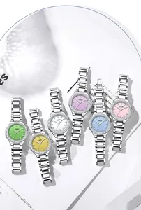 Detail showing various colorful rhinestone dial watches with silver steel bands
