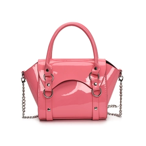 Hot pink patent leather mini crossbody bag with silver chain and rivet accents