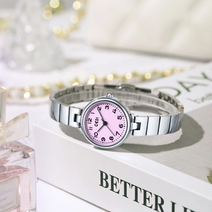 Montre à quartz GEDI minimaliste pour femme avec cadran rose et bracelet en acier argent