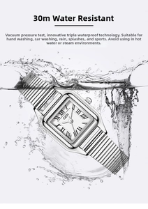 Detail of square silver quartz watch with Roman numerals splashing in water for 30M waterproof