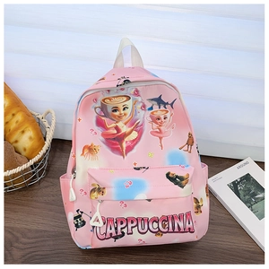 Detail of pink cartoon child backpack with cute prints on a rustic wooden table