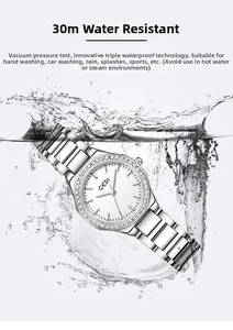 Detail of GEDI water resistant silver quartz watch for women with rhinestones in water splash