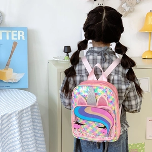 Rosa holografischer Pailletten Einhorn Rucksack für Kinder mit transparenter Tasche